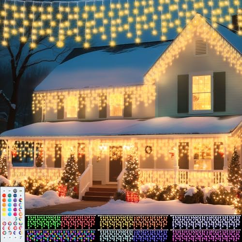 Image of Pooqla 35 Colors Icicle Lights for Outside, 39FT Icicle Christmas Lights | Outdoor Roof Christmas Lights with Remote, Color Changing LED Hanging String Lights for Roof Window Halloween Decorations
