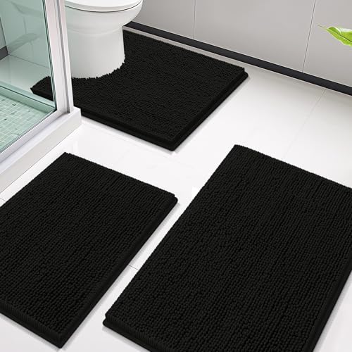 Image of Smiry Bathroom Rugs Sets 3 Piece, Soft Absorbent Chenille Bath Mat and U-Shaped Contour Toilet Rug, Machine Wash Dry Bath Mat Sets for Bathroom Tub and Floor (30 inchx20 inch+24 inchx16 inch+24 inchx20 inch, Black)