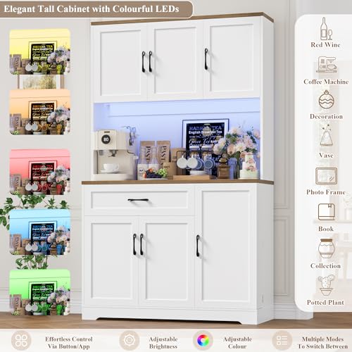 FirFurd Kitchen Cupboard Tall Kitchen Cabinets with LED & Power Outlet Sideboard Storage Cabinet with Spice Rack, Countertop and Drawer Dining Room Furniture180.5x100.2x38.6cm White+Brown - Image 4