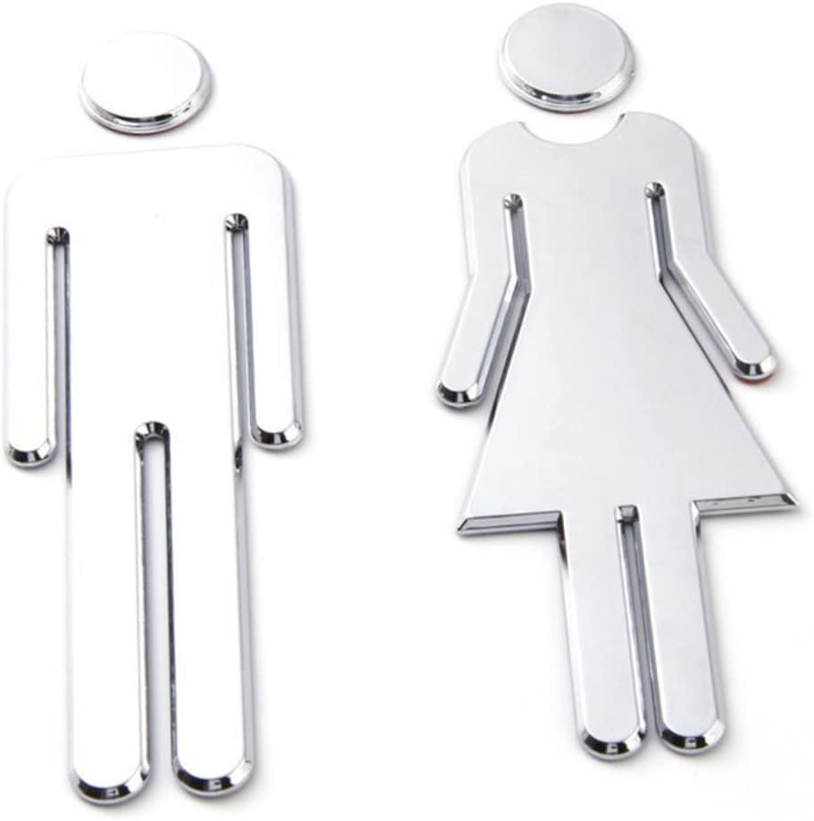 1pair Self-adhesive Toilet Wall Sticker Reflective Restroom Sign for Male Female Stylish Bathroom Art Decals for Home Office Hotels Shops Silver
