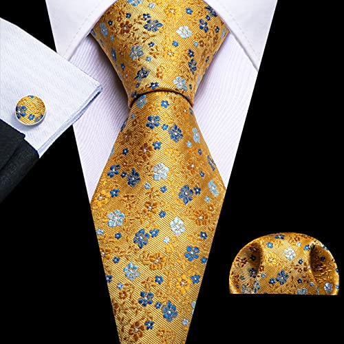 Image of Barry.Wang Flower Ties for Men Silk Woven Floral Tie Sets Necktie Handkerchief Cufflinks Wedding Party