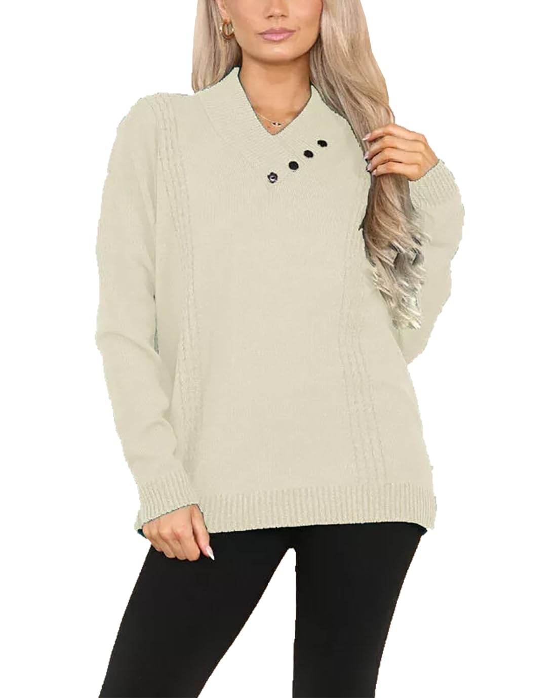 Fairy Trendz Women's Cream Long Sleeve Knitted 4 Button Shawn Collar Jumper Top Pullover Soft Warm Winter Casual Sweater