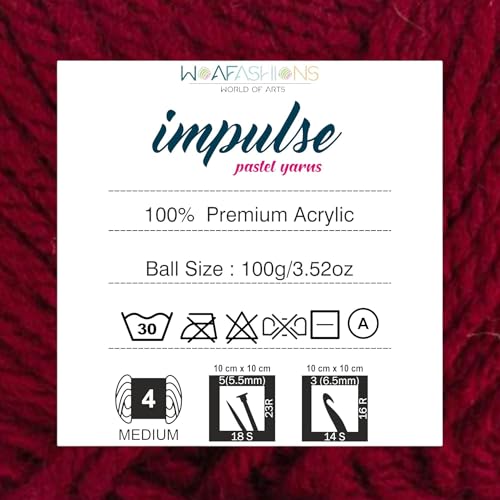Image of WOAFashions Impulse Hand Knitting & Crochet Yarn, Premium Acrylic, 4 : Medium (Rouge) (3x100gms / 3.5oz / 200mtr / 218yds)