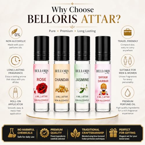 Image of Rose, Chandan, Jasmine & Shyam Darbar | Attar Gift Set for Men & Women | Non Alcoholic Long Lasting Attar Perfume Oil | Roll On Fragrance Combo Pack (4 x 6ml) Natural Attar for Pooja & Meditation (SHYAM DARBAR)