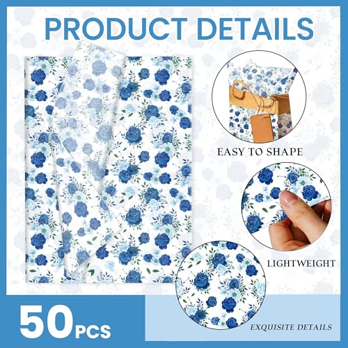 LaVenty 50PCS Blaues Blumen Seidenpapier Blaues Blumen Geschenkpapier Blumenverpackung mit Muster für Babyparty Geburtstag Hochzeit Brautparty Partydekoration