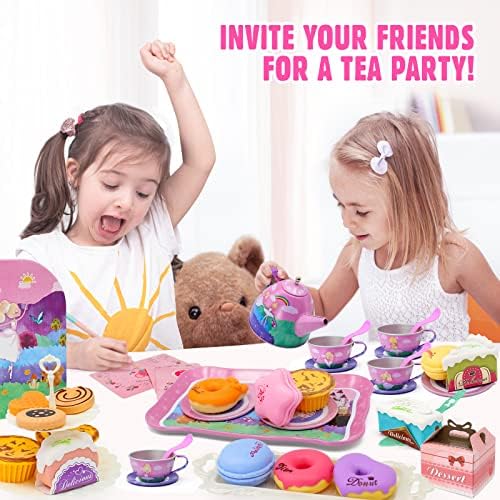 44PCS Tea Party Set for Children, Pretend Play Ballerina Princess Toy Tea Set - Teapot Set Desserts w/ Carrying Case, Invitation Card Birthday Gift Toys for 3 4 5 6 7 8 Years Old Girls Kids Toddlers