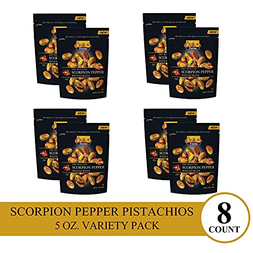 Image of Setton Farms Pistachios, Scorpion Pepper Extreme Flavor Naturally Seasoned No Shell Pistachio Nuts, Resealable Pouches, Non-GMO Project Verified, Gluten Free, Vegan, Kosher, 5 oz, Pack of 8