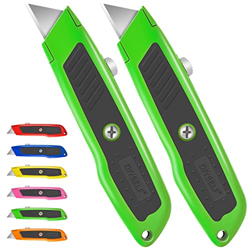 Image of DIYSELF 2 Pack Utility Knife, Box Cutter Retractable, Heavy Duty Small Box Knife Exacto Knife, Comfortable Aluminum Handle, Sharp Blade, Box Opener for Cardboard, Boxes, Carpet (Green)