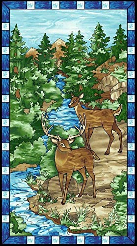 Mosaic Forest with Deer and Stream Panel 24 X 44 inch Cotton Fabric Studio E