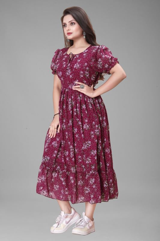 Image of Women's Printed Georgette Regular Fit Round Neck Short Sleeve Fancy Flare Long Dress