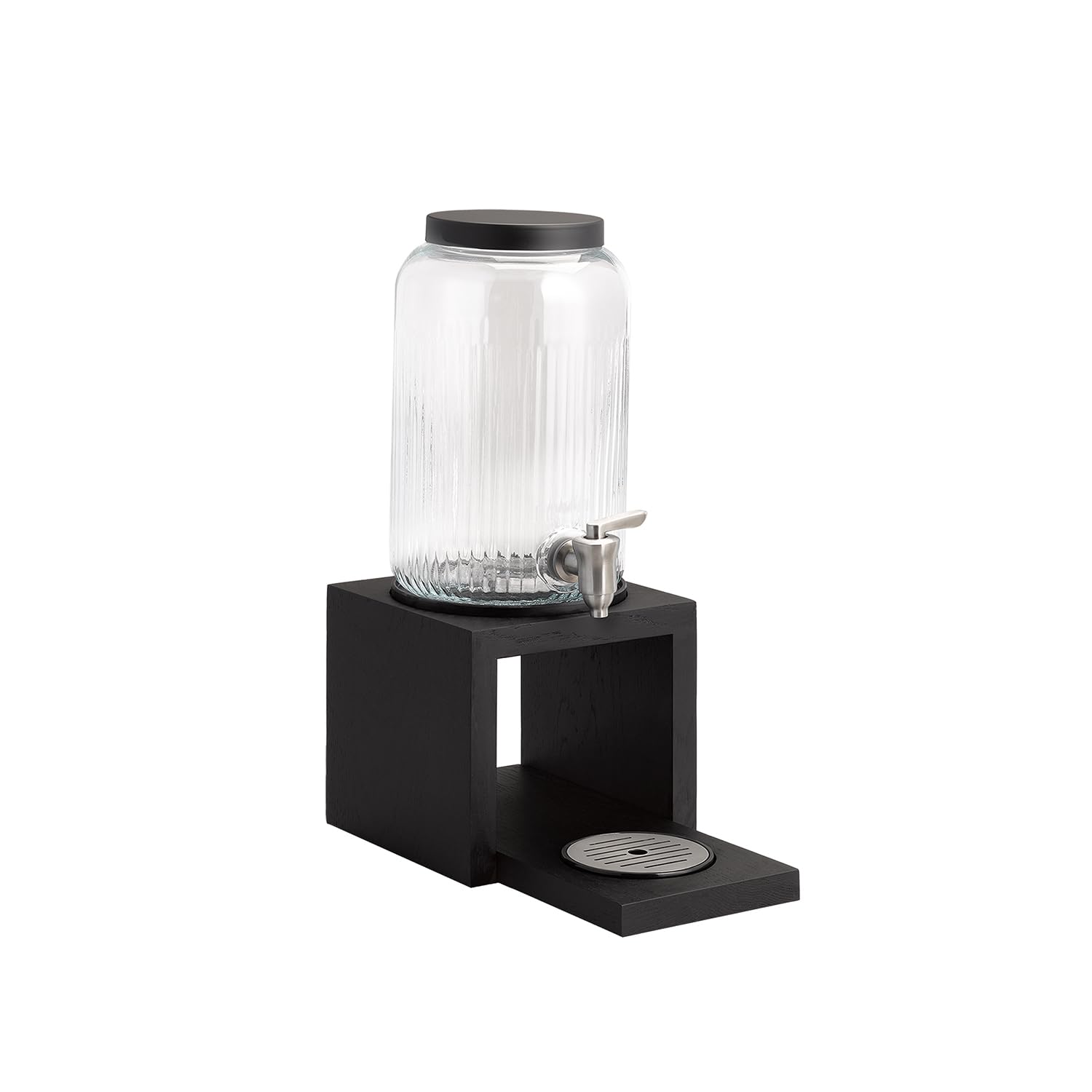 APS 14125 Getränkespender "VALO", Basis auch Eichenholz schwarz (wasserfest lackiert), Behälter aus Glas (3,8 Liter), Zapfhahn aus Edelstahl, Deckel aus Edelstahl schwarz, Abtropfgitter herausnehmbar