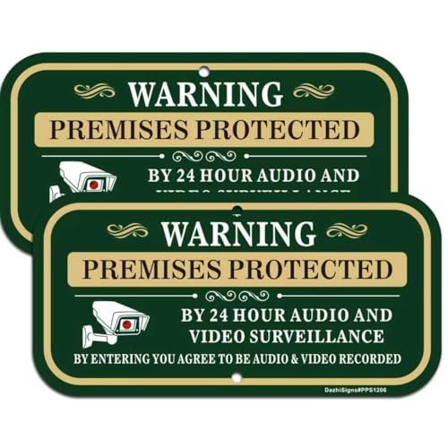2 Pack Premises Protected by 24 Hour Audio and Video Surveillance Sign, 12" x 6" Rust Free Reflective Aluminum Surveillance Sign, Fade Resistant, UV Protected, Indoor/Outdoor Use, Easy to Mount