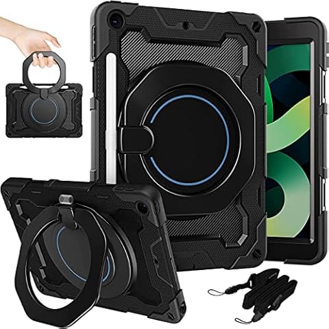 3 In 1 iPad 10.2 Case 9th Generation/8th Generation/7th Generation, 360 Rotating Kickstand Shoulder Strap Hand Grip Pencil Holder Kids Case for iPad 10.2 inch Case, Black Cover