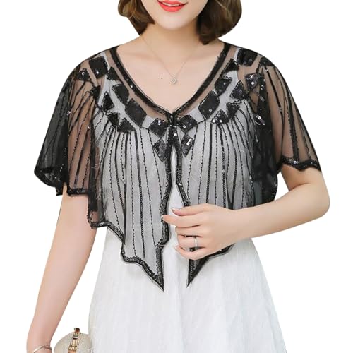 Women Vintage 1920s Flapper Shawl Wraps Sequin Beaded Mesh Short Cape Gatsby Cover Up Evening Party Bridal Cloak4