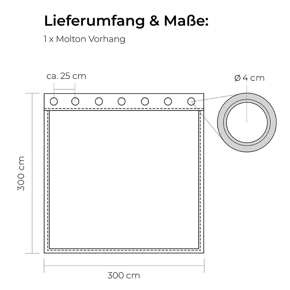 Bühnenmolton Vorhang B1 schwer entflammbar 300x300cm, 40mm Ösen, Naturweiß, 300g/m², 100% Baumwolle, blickdichter Verdunkelungsvorhang für Theater, Studio & Event