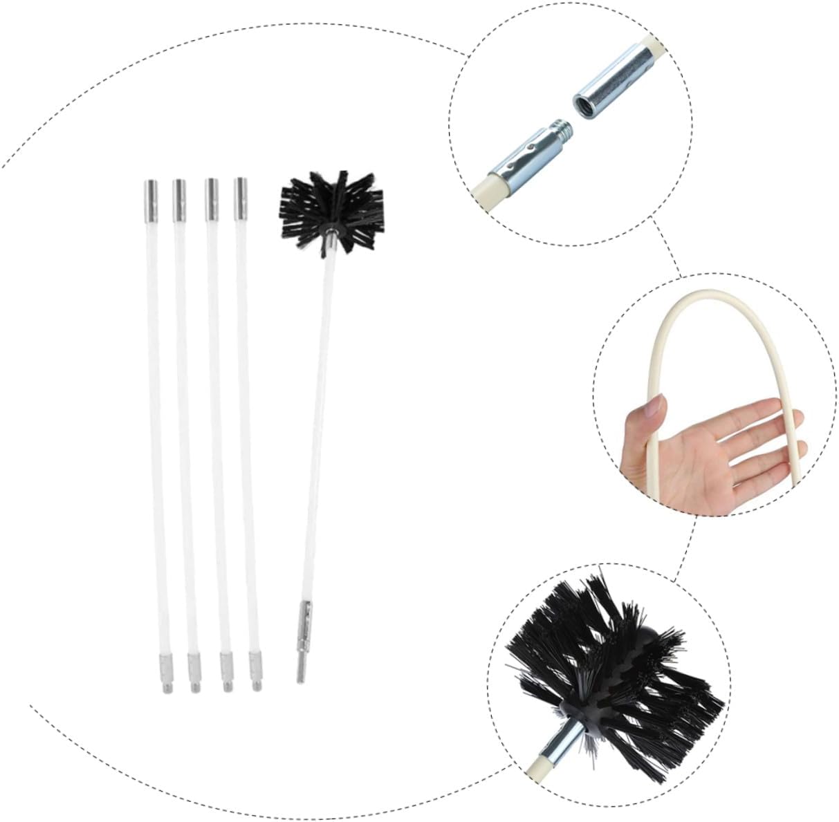 Flexible Chimney Brush and Dryer Vent Cleaning Tool Set 610mm 4 Rods with Brush Head for Fireplace Lint Removal and Duct Maintenance