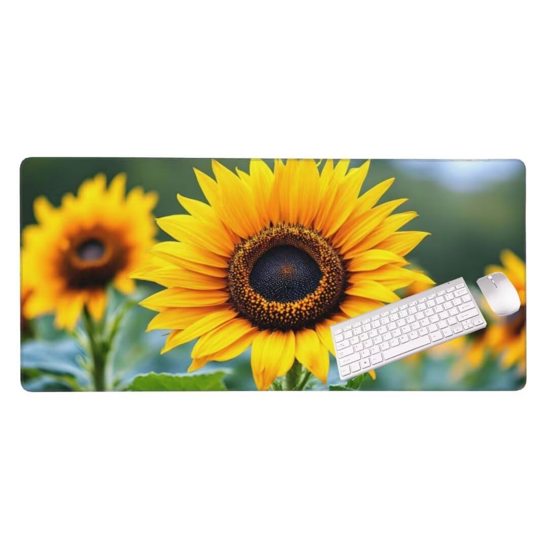 Alfombrilla de ratón 1400x600x3 MM, Alfombrilla Ratón XXL Extendida de Gran Tamaño con Bordes Cosidos, Base de Goma Antideslizante Almohadilla para Teclado, Girasol Amarillo S-6071