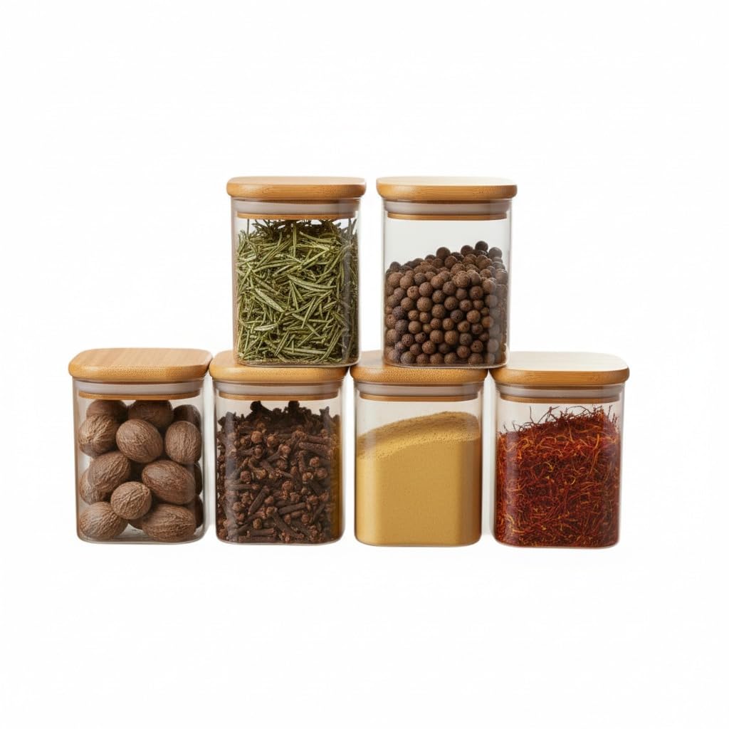 Airtight Square Glass Storage Jar with Bamboo Lid, 220ml Pack Of 6 | Borosilicate Multipurpose Kitchen Container for Coffee, Tea, Sugar, Masala, Spices & Dry Fruits | Transparent Pantry Organizer