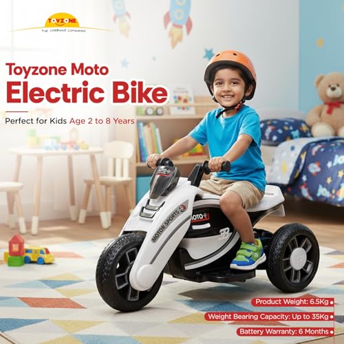 Image of Toyzone Moto Electric Bike (White) | 6V Rechargeable Bike with 4.5Ah Battery | LED Lights, Built in Music | Smooth Acceleration | 6M Battery Warranty | Age 2-8 Years, Upto 35 kg