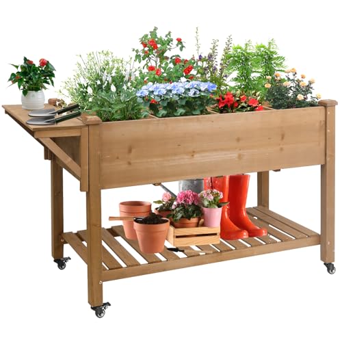 Raised Garden Bed,Herb Garden Planter Outdoor with Lockable Wheels, Storage Shelf, Protective Liner, for Herbs, Vegetables, Flowers,Outdoor Patio, Deck, Balcony，55.5x24x32 in 55x24x33 In-wit