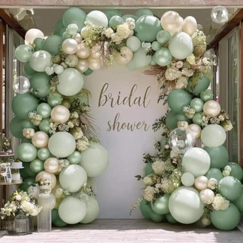 Dusty Green Balloon Arch Kit Double Stuffed,Pearl Light Sage Green White Sand Beige Christmas Balloon Garland with Clear Bobo for Bridal Birthday Wedding Baby Shower Xmas Party Decoration