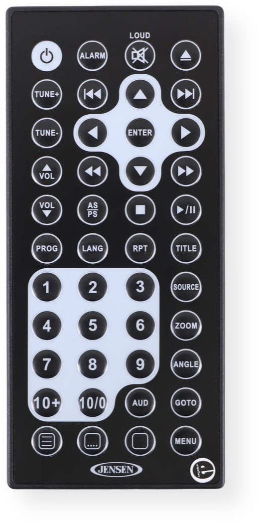 Front view of the Jensen remote control with various buttons for stereo functions