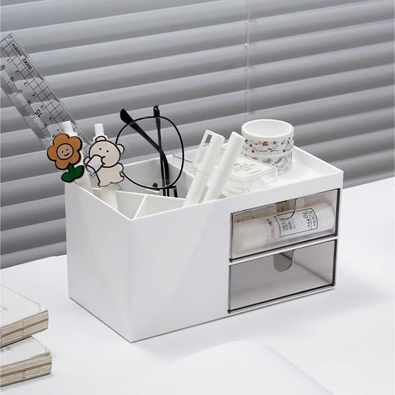 Organizador de Escritorio, Desk Organizer con 4 Compartimentos y 2 Cajones, Organizador Escritorio Blanco, Portalápices Multifuncional, Organizadores de Lapiceros para Hogar, Escuela, Dormitorio