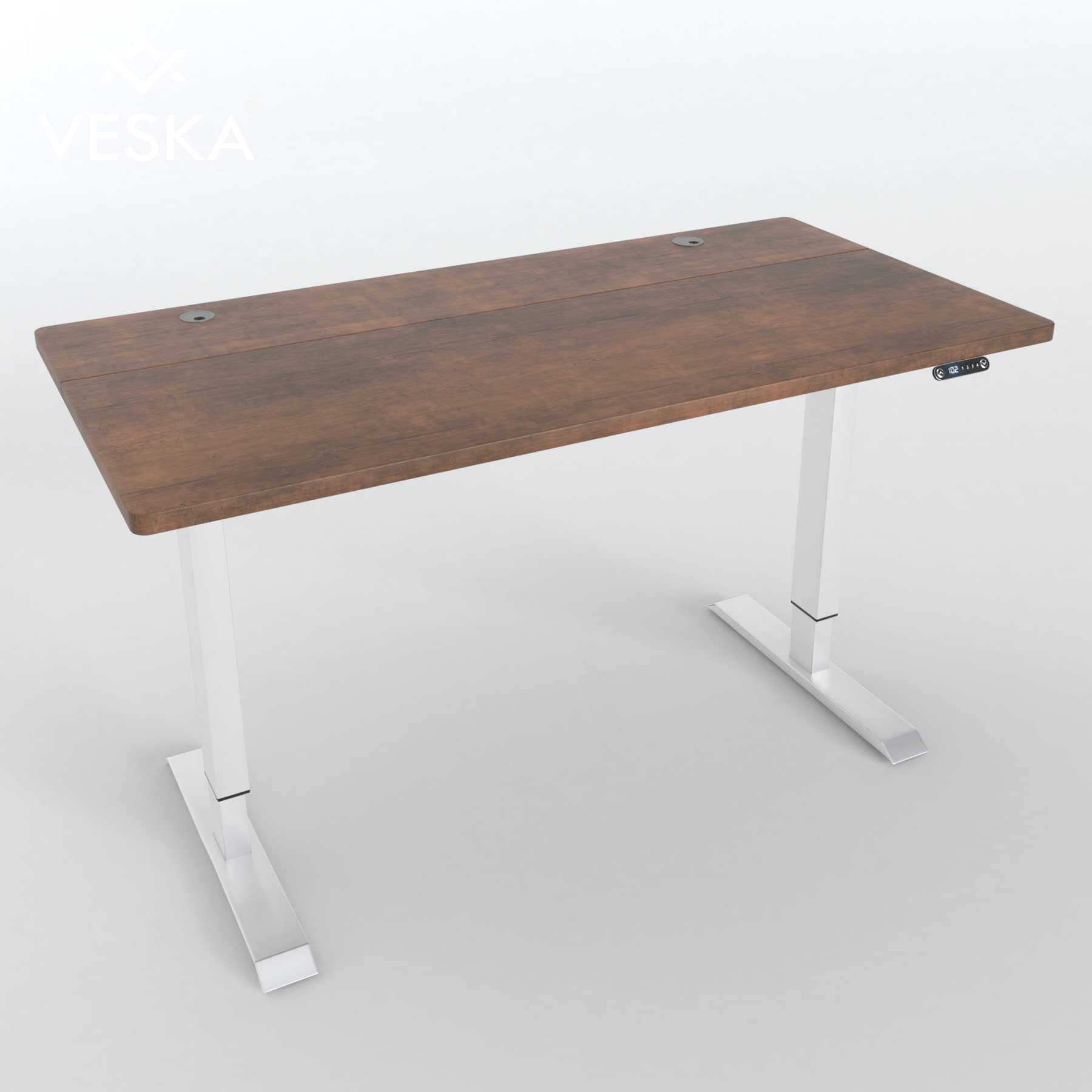 VESKA Höhenverstellbarer Schreibtisch (140 x 70 cm) – Sitz- & Stehpult, elektrisch höhenverstellbar mit Touchscreen & Stahlfüßen (Weiß/Antik)
