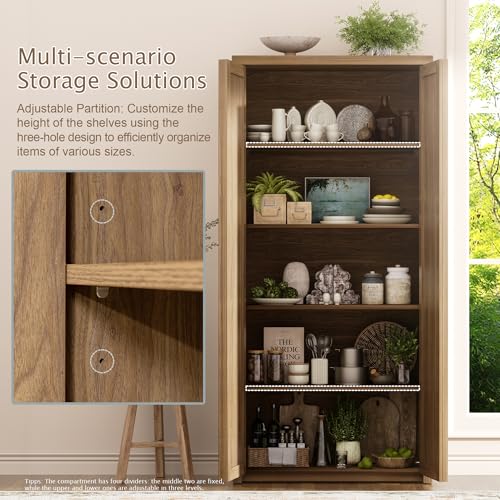 Image of Yechen 67 inch Tall Kitchen Pantry Cabinet,Rattan Storage Cabinet with Solid Wood Integrated Handle​and Adjustable Shelves, Cupboard with Doors for Livingroom, Dining Room, Natural Walnut (2 Piece)