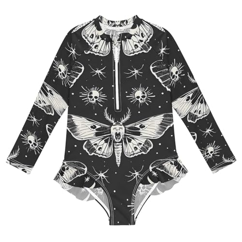 Girls One Piece Swimsuits Long Sleeve Swimsuit Zipper Bathing Suits Skull Moon Moth Black