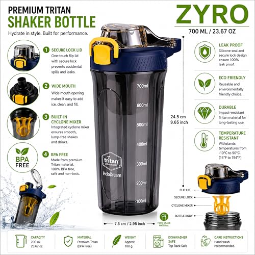 Image of Zyro Premium Tritan Water Bottle 700ml | BPA Free, Leakproof Flip Lock Lid, Wide Mouth Sports Bottle with Cyclone Mixer | Gym, Fitness, Office & Travel Water Bottle (Pack Of 1,BlackYellow)