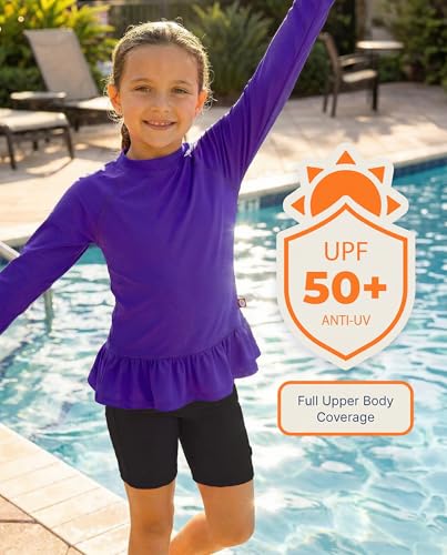 Image of City Threads Girls Long Sleeve Rashguard UPF 50+ Made in USA, Girls' Rash Guard Shirts with Sun Protection