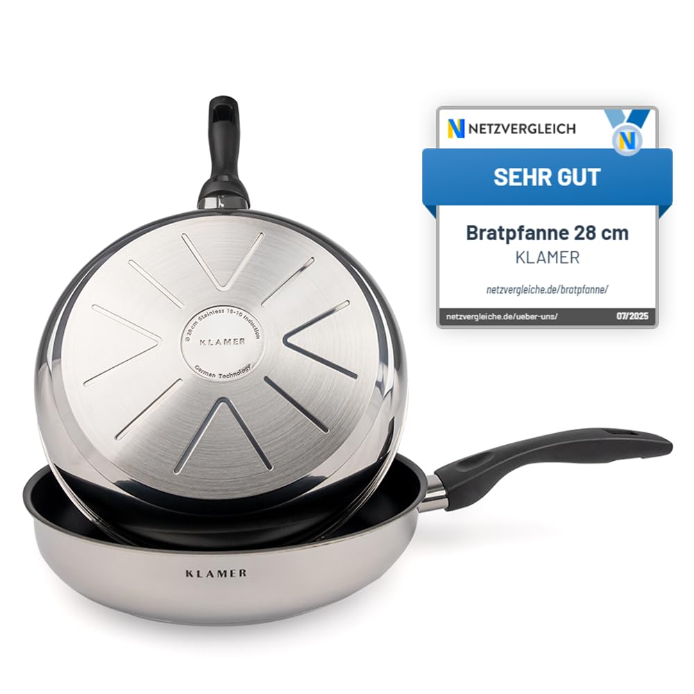 KLAMER Bratpfanne 28cm Induktion – Profi Edelstahlpfanne mit Greblon® C3+ Antihaftbeschichtung, PFOA-frei & backofenfest, für fettarmes Braten ohne Anhaften