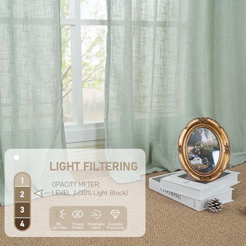 LAMIT 102 Inch Length Light Filtering Sheer Linen Curtains, Linen Textured Semi Sheer Back Tab and Rod Pocket Natural Boho Drapes for Living Room/Farmhouse, 2 Panels, Light Sage, 52 x 102 Inch