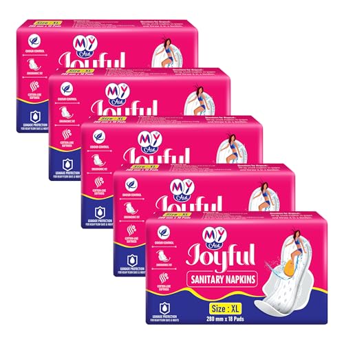 Image of Joyful Sanitary Napkins for Women | Cotton Soft, Super Absorbent, Odour & Rash Free, Leak-Proof Pad for Heavy Flow, Overnight Protection & Travel, Xl, 90 pads, Pack of 5