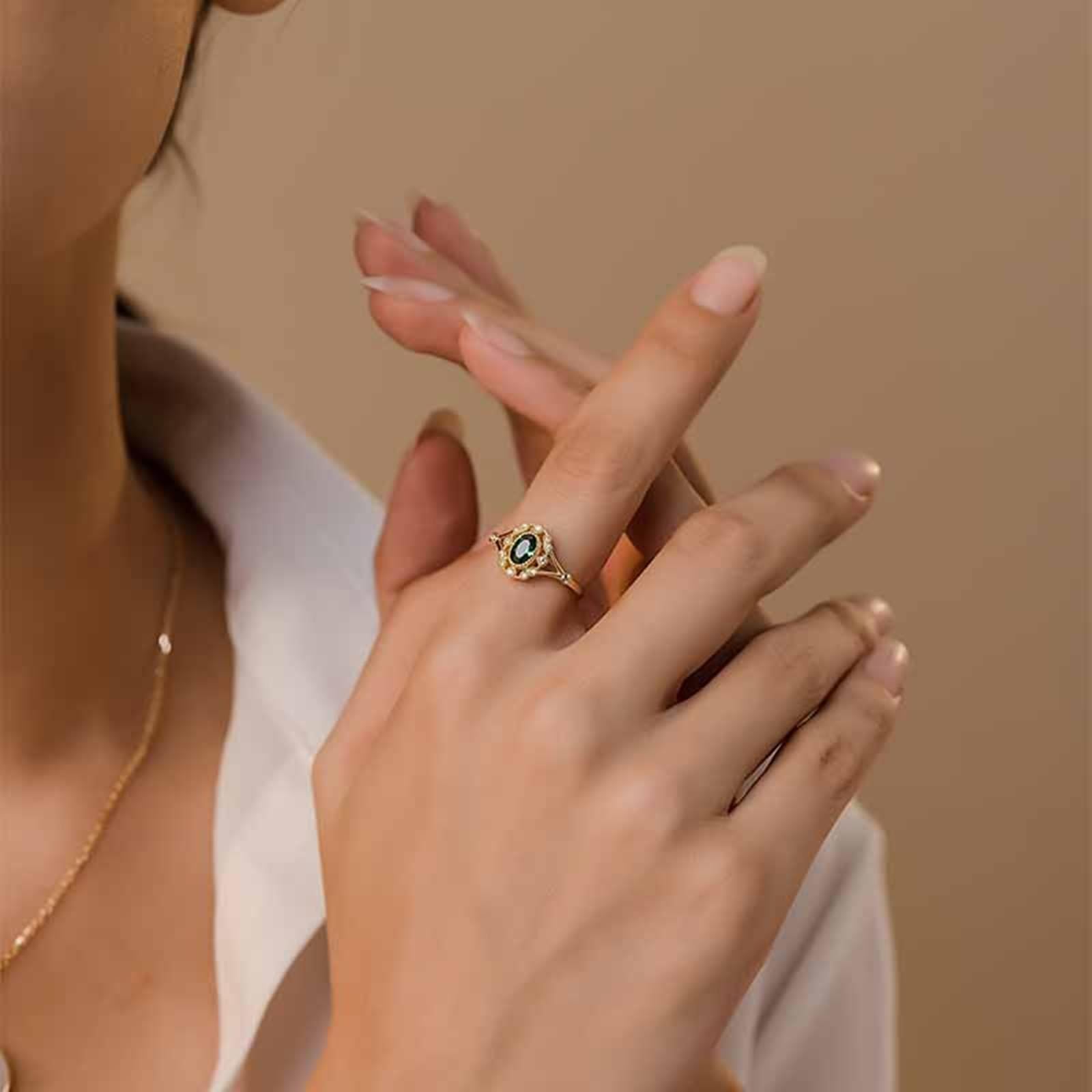 AMDXD 18K Gold Trauringe Echt Gold, Hohl Blumen Bandringe mit Tsavorite Grün Ovalschliff, Au 750 Diamant Eheringe Diamantring, Gr.47-65