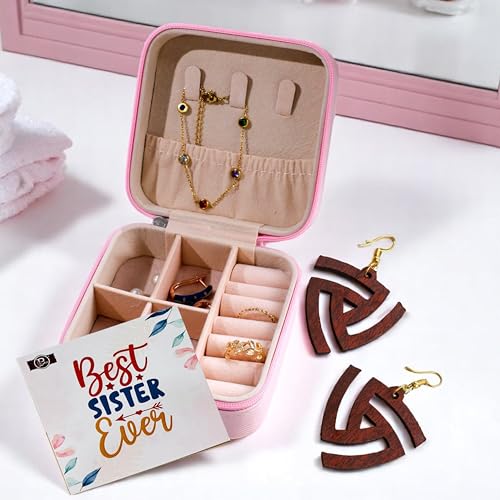 Image of P Arts Faux Leather Jewellery Organiser Box, Small Jewellery Box Organiser For Ring, Pendant, Earring, Necklace, Bracelet Jewellery Box For Women with Wooden Earrings for Women, Pink 4x4 Inch