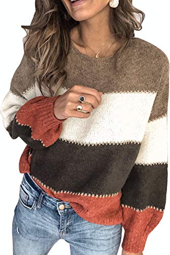 Necooer Womens Sweater Pullover Casual Long Sleeve Crewneck Color Block Pullover Knit Sweater for Women