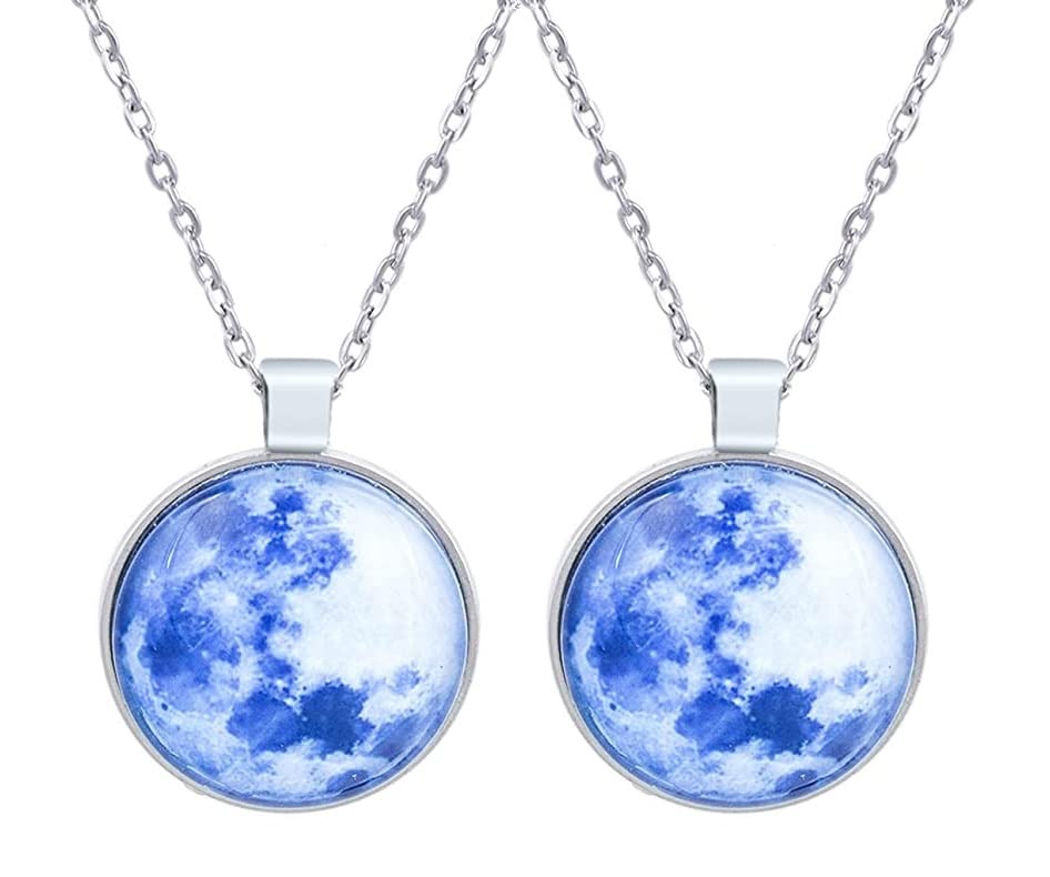 (Set Of 2 Pcs) Unisex Stainless Steel Trending Round Shape Romantic Glow in the Dark Rising Blue Moon Crystal Glass Dome Lunar Eclipse Alloy Luminous Pendant Locket Necklace With Clavicle Chain (B0C2LK26TN) Amazon Price History, Amazon Price Tracker