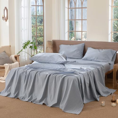 Image of MooMee Sheet Set 100% Washed Cotton Linen-Like Extra Deep Pocket Queen | Relaxed Linen-like Texture. Soft, Breathable & Lightweight Comfort. 15-19 inch Extra Deep Pocket with All-around Elastic