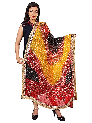 Image of Women's Jaipuri Art Silk Bandhej Rajasthani Bandhani Dupatta with Gota Patti Lace