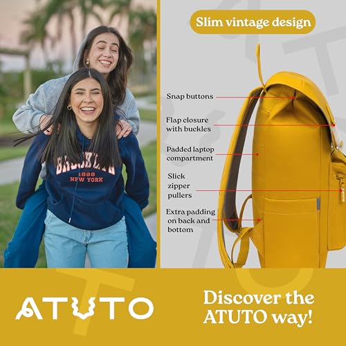 Slim Vintage Backpack for Men and Women, Flap Backpack for Laptop till 16.5", Extra Padding, Durable Fabric (Mustard)3