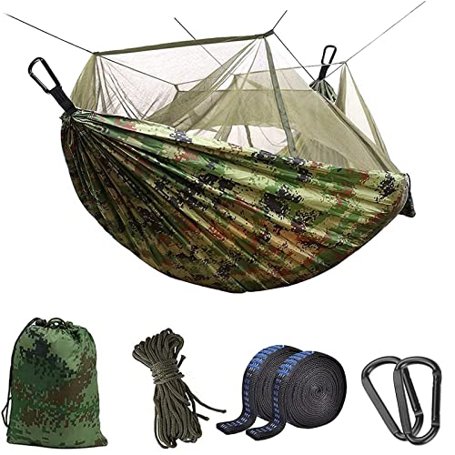 Camping Hammock with Mosquito Net – Ultra Lightweight Durable Double/Single Travel Hammock 210T Parachute Nylon with Tree Straps 660lbs Capacity for Garden Camping Backpacking, Camo
