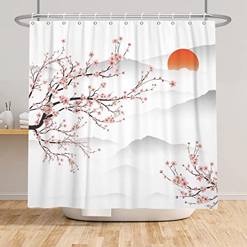 SDOTPMT 180x180cm Asian Cherry Blossom Shower Curtain Japanese Mount Fuji Peach Blossom Branch Bathtub Curtain Sunrise Mist Bathroom curtain for Bathroom Decor Fabric Waterproof with Hooks - Image 2