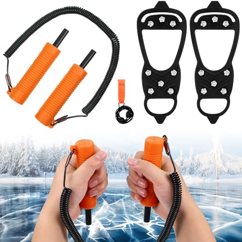Soulchen 4 Pcs Retractable Ice Awls Safety Picks Kits with Whistle and 8-Tooth Rivet Ice Cleats
