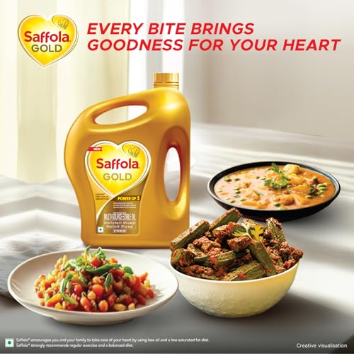 Image of Saffola Gold Refined Cooking oil | Power of 3 - Balance of Good Fats, Triple Anti-Oxidant System & Fortified with Vitamins | Multi-Source Edible Rice Bran & Corn Oil | 3.64kg Jar (Pack of 3)