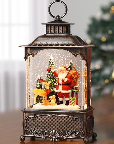 Gorrzai Santa Snow Globe Lantern Christmas Snow Globes, Lighted Christmas Decorations Indoor with Music Timer Swirling Glitter, Musical Santa Claus Reindeer Home Decor, USB or Battery Operated