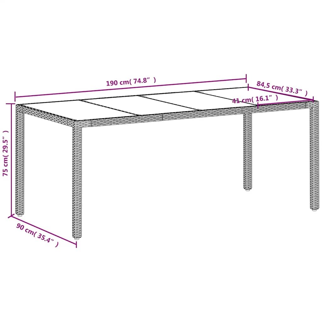 Stół ogrodowy ze szklanym blatem, biały, 190 x 90 x 75 cm, polirattan, stal malowana proszkowo, wytrzymały, odporny na warunki atmosferyczne, na balkon, taras, do ogrodu, na zewnątrz