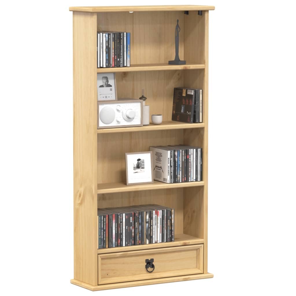 Fengshui Scaffale per CD in legno massello di pino, 52 x 17,5 x 103 cm, con cassetto e scomparti aperti, versatile, utilizzabile come scaffale o armadietto portaoggetti, con maniglia in metallo e