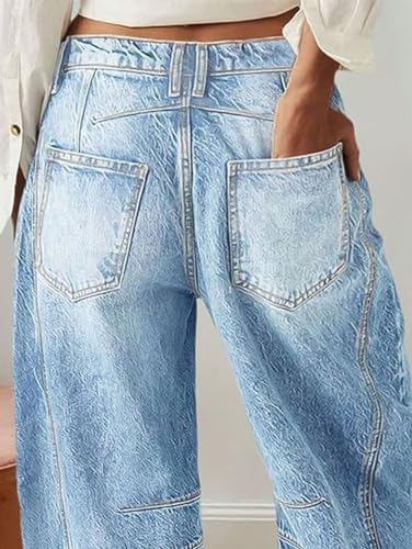 Flamingals Wide Leg Jeans for Women Mid Waist Barrel Jeans Crop Jeans Baggy Jeans Causal Denim Pants Light Blue M4